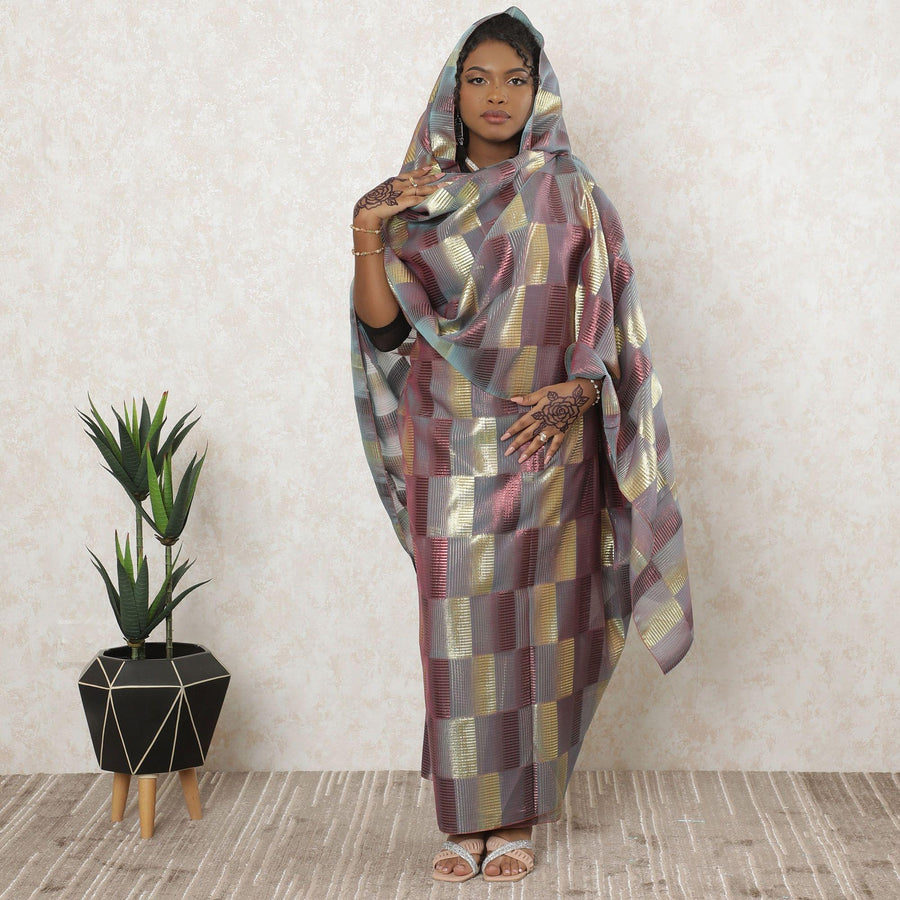 Cloud grey Premium pure silk chiffon thobe with gold and cerise pink metallic lurex in checks design-D11659