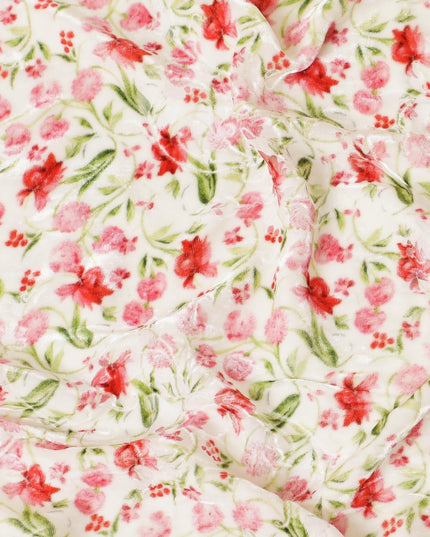 Beige Premium Italian silk chiffon dirac (makmal) fabric with olive green, scarlet red print having velvet jacquard in floral design-D8703