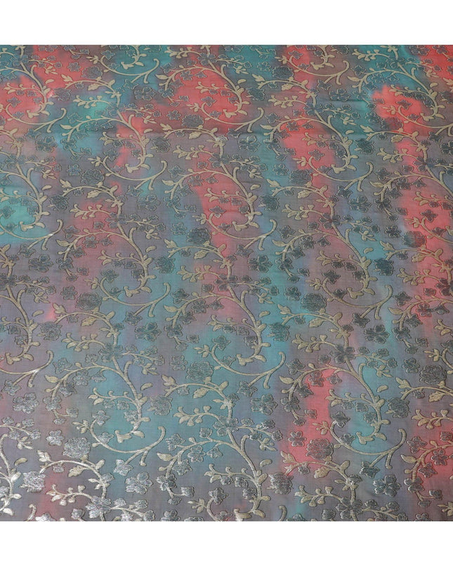 Black Premium pure silk chiffon fabric with gold metallic lurex in floral design-D12537