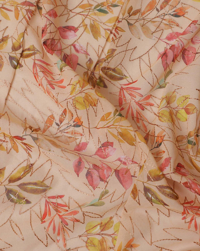Light brown Premium pure cotton voile fabric with same tone embroidery having multicolor print in Leaf design-D13243