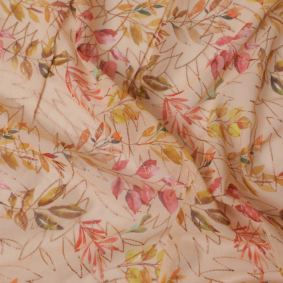 Light brown Premium pure cotton voile fabric with same tone embroidery having multicolor print in Leaf design-D13243