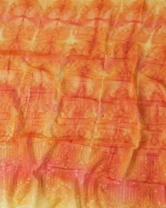 Tangerine orange & light yellow synthetic chiffon fabric with transparent sequins and embroidery in geometric design Regal Fabrics
