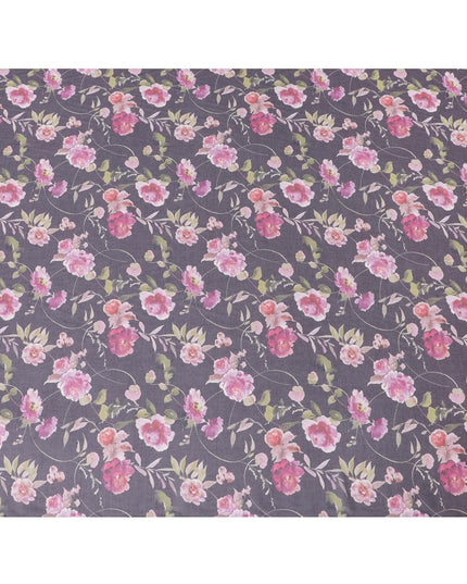 Purple cotton voile fabric with magenta pink, olive green and off white print in floral design-D6279 Regal Fabrics