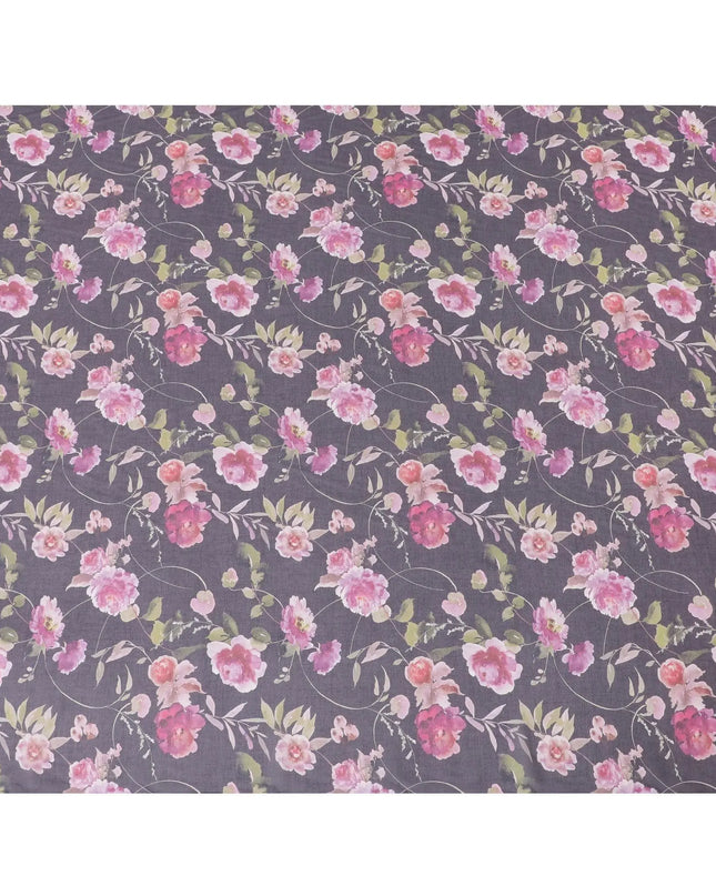 Purple cotton voile fabric with magenta pink, olive green and off white print in floral design-D6279 Regal Fabrics
