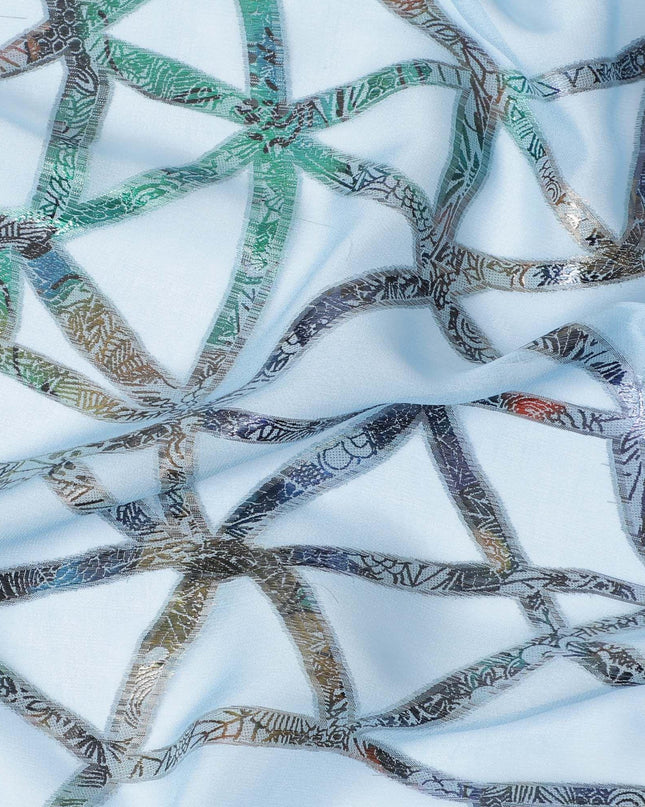 Baby blue Premium pure silk chiffon fabric with multitone metallic lurex in abstract design-D9658