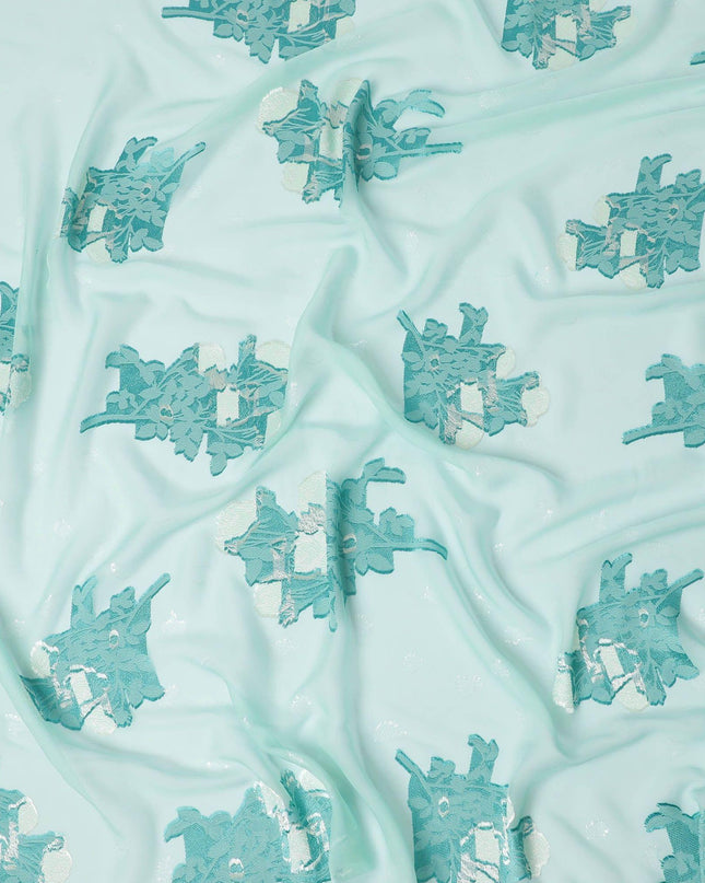 قماش شيفون حريري فرنسي (فرنساوي) فاخر باللون الأخضر الفيروزي بنفس اللون والفيسكوز البيج مع لوريكس معدني فضي بتصميم زهور -D13430