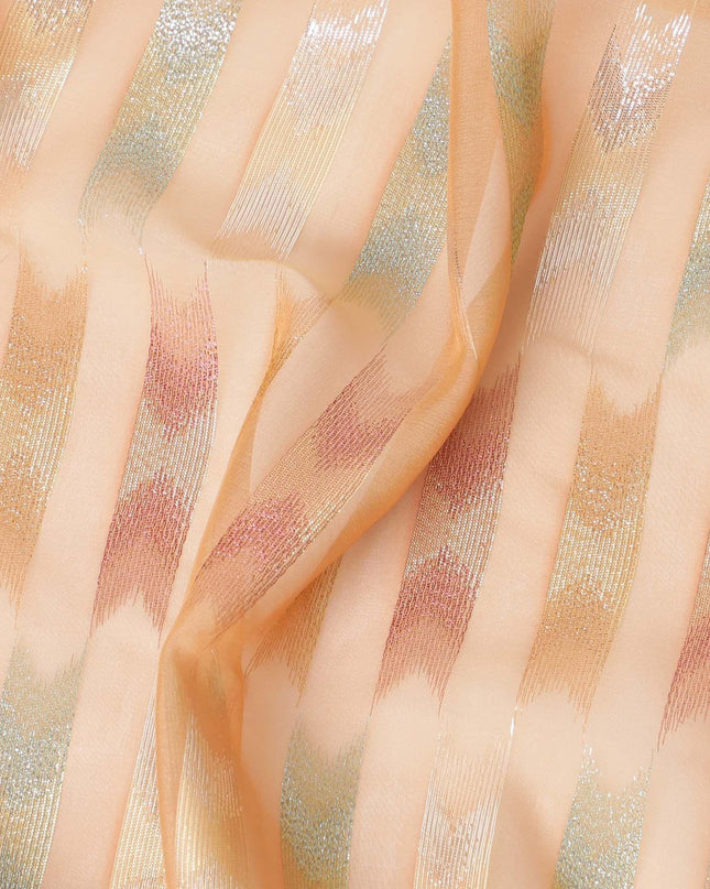 قماش شيفون حرير خالص فاخر من سمك السلمون الخوخي مع لوركس معدني متعدد الألوان بتصميم تجريدي-D10036