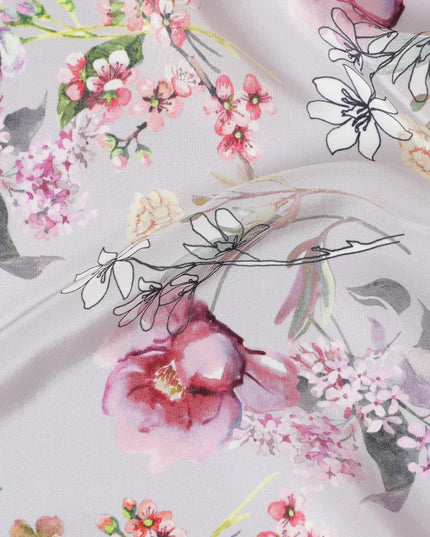 Light thistle purple viscose fabric with multicolor print in floral design-D12260