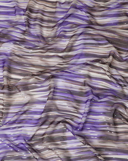 Blue premium pure silk chiffon fabric with gold and silver metallic lurex in stripe design-D13980