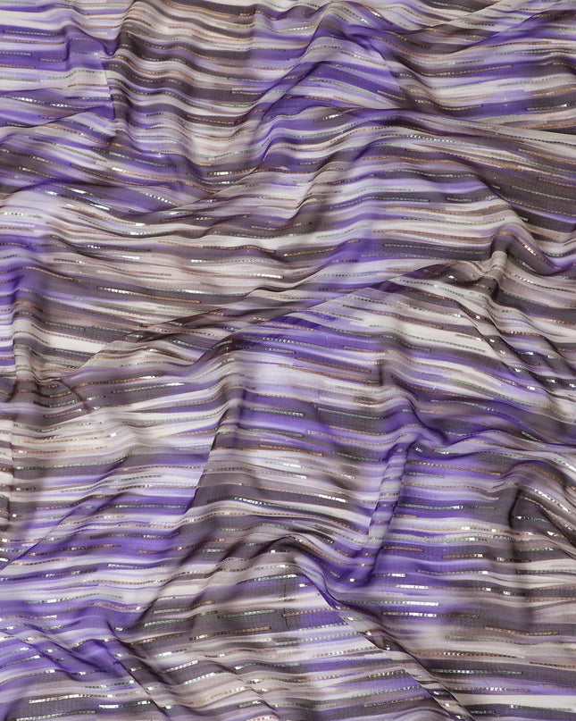 Blue premium pure silk chiffon fabric with gold and silver metallic lurex in stripe design-D13980