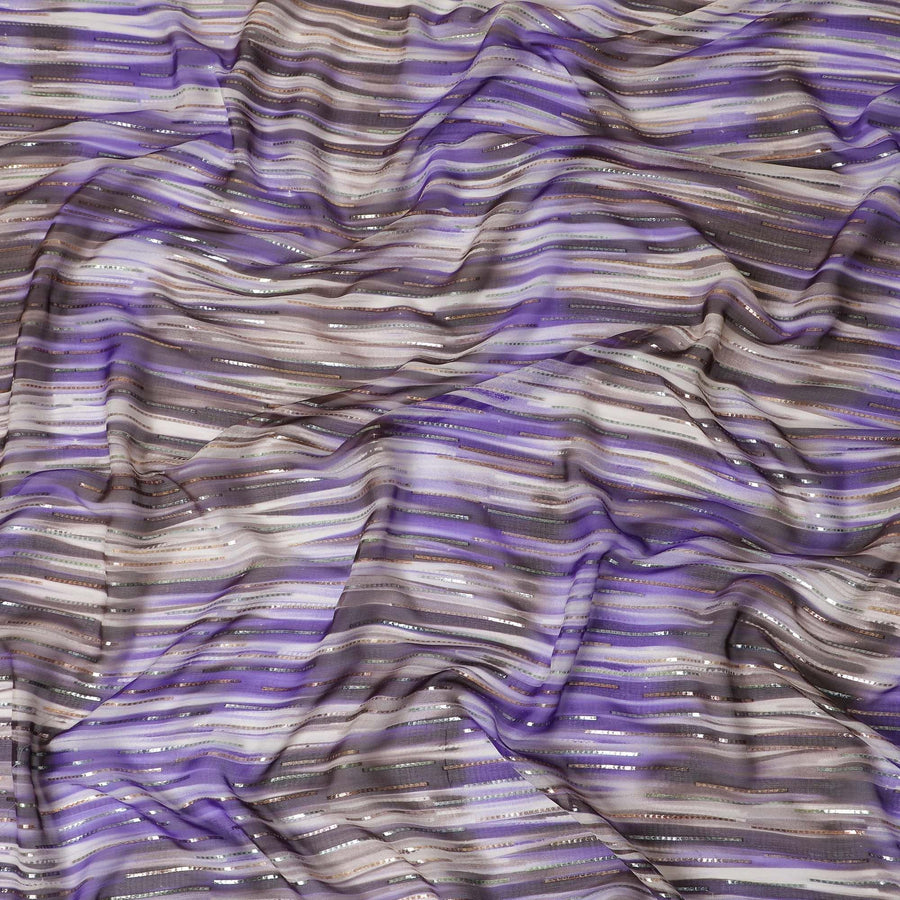 Blue premium pure silk chiffon fabric with gold and silver metallic lurex in stripe design-D13980