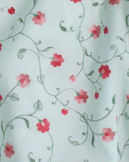 قماش الفوال القطني الأخضر Vista مع تطريز باللون الأخضر الزيتوني والأحمر القرمزي والوردي الصغير بتصميم الأزهار-D11084