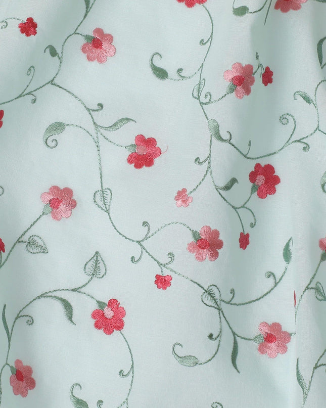 قماش الفوال القطني الأخضر Vista مع تطريز باللون الأخضر الزيتوني والأحمر القرمزي والوردي الصغير بتصميم الأزهار-D11084