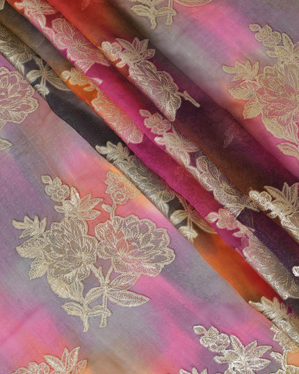 Multicolor premium pure handprinted silk chiffon fabric with gold metallic lurex in fancy design-D10416
