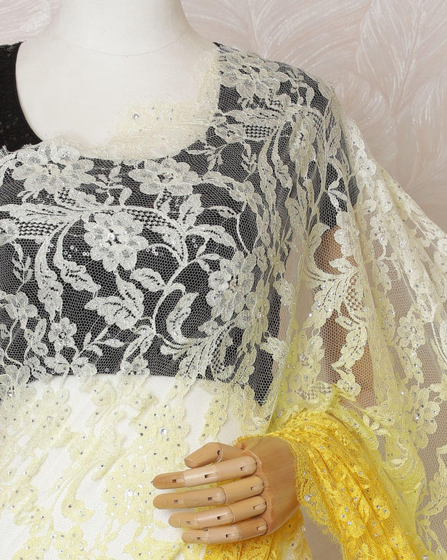 أصفر ليموني إلى أصفر سايبر دانتيل الساري الفرنسي الخالص شانتيلي ذو عمل حجري بتصميم أومبري-D14603