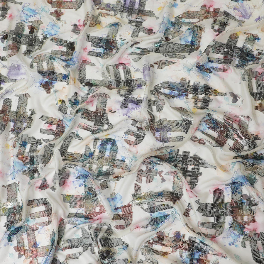 قماش شيفون من الحرير الخالص باللون البيج الفاتح مع طباعة متعددة الألوان ولوريكس معدني بتصميم تجريدي-D13731