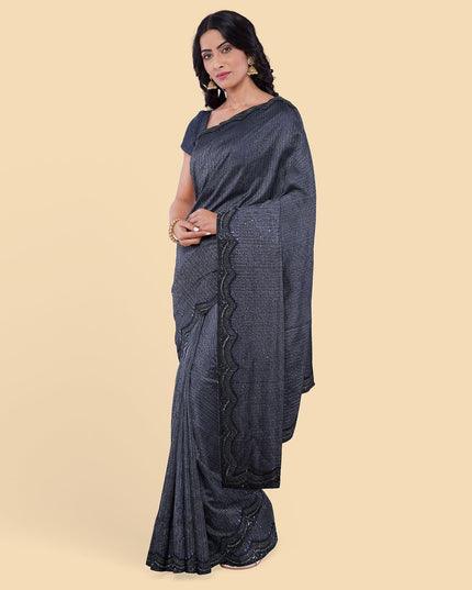 Indigo blue net saree with same colour sequence in abstract design. Blouse piece in same colour-D12731