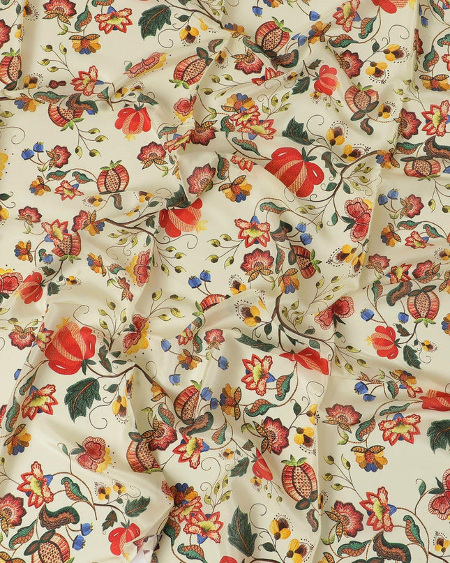 Laguna yellow synthetic crepe fabric with multicolor print in floral design-D10017