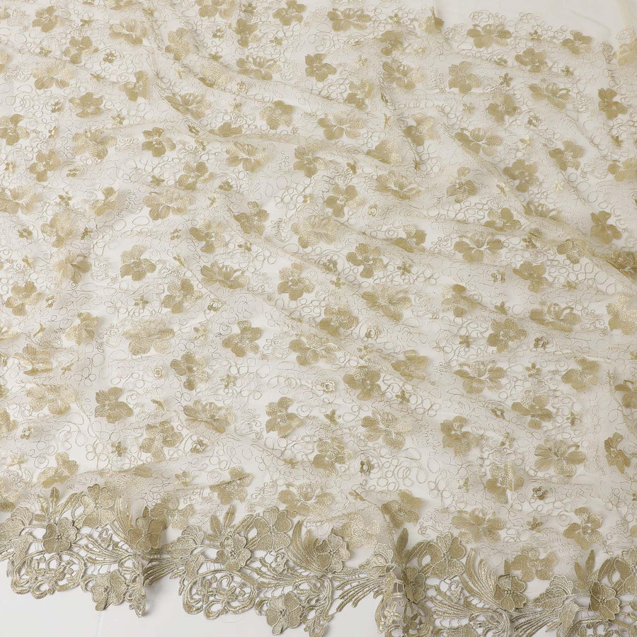 Honeysuckle beige nylon tulle fabric with gold floral embroidery and fancy border in floral design