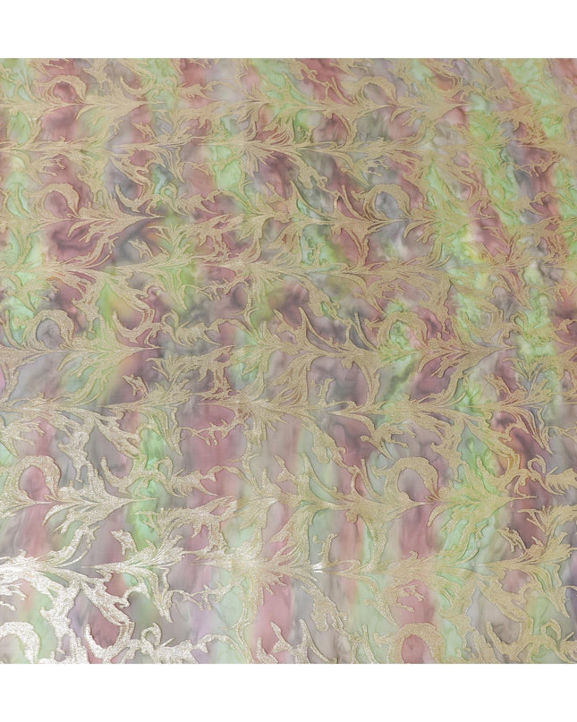 شيفون من الحرير الخالص متعدد الألوان مع لوريكس معدني ذهبي بتصميم أوراق الشجر -D11388