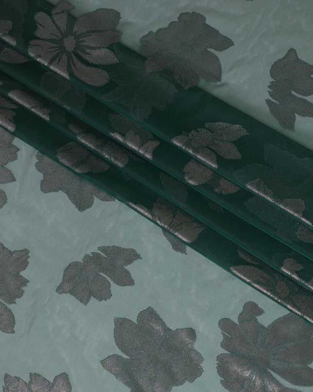 قماش من الشيفون الحريري الإيطالي الخالص باللون الأخضر الزجاجي مع لوركس معدني نحاسي وفضي بتصميم زهور-D10796