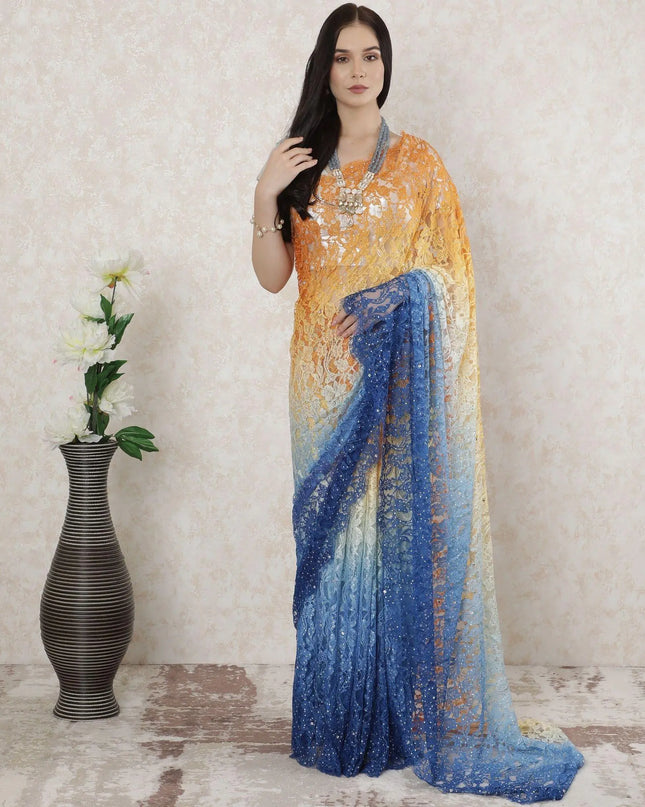 Multicolor Premium pure French chantilly lace saree having stone work in ombre design-D14489 Regal Fabrics