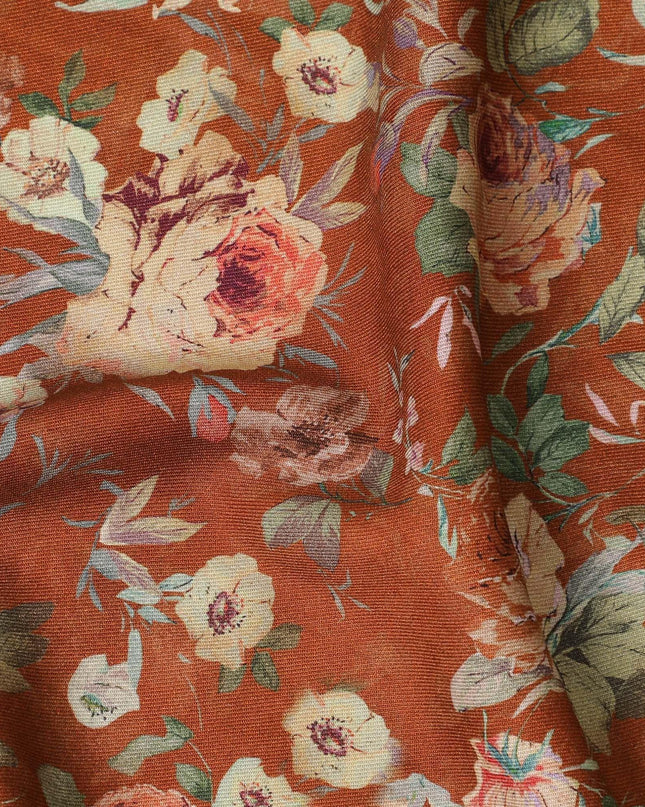 Rusty brown synthetic crepe fabric with multicolor print in floral design-D12239 Regal Fabrics