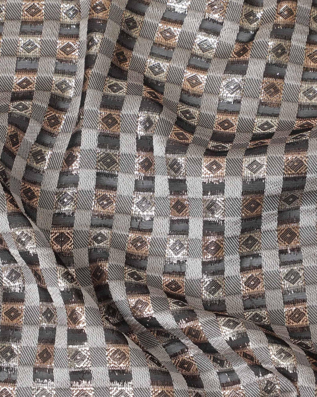 Black premium pure French (Fransawi) silk chiffon fabric with grey viscose having golden silver and copper brown metallic lurex in abstract design-D13850