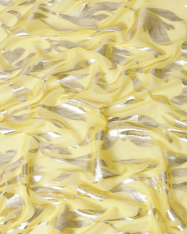 شيفون من الحرير الخالص الفاخر باللون الأصفر الجبني مع لوريكس معدني ذهبي بتصميم أوراق الشجر -D11360