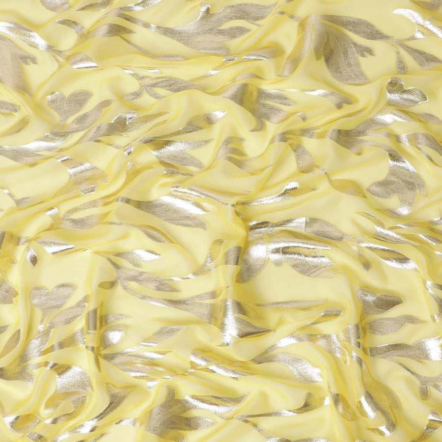 شيفون من الحرير الخالص الفاخر باللون الأصفر الجبني مع لوريكس معدني ذهبي بتصميم أوراق الشجر -D11360