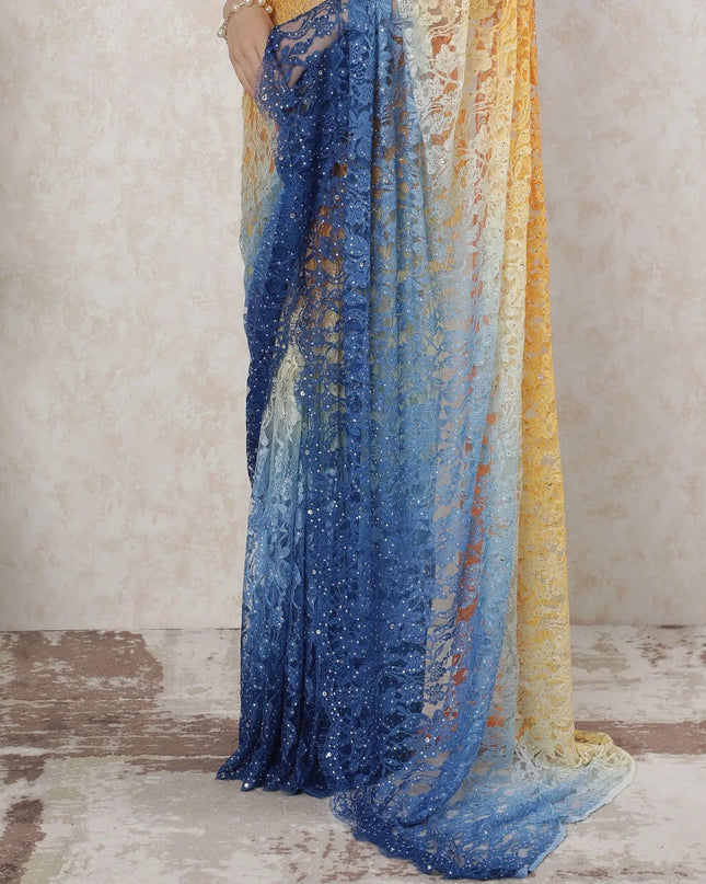 Multicolor Premium pure French chantilly lace saree having stone work in ombre design-D14489 Regal Fabrics