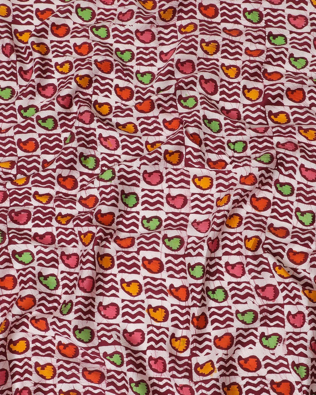 Maroon cotton lawn fabric with multicolor print in abstract design-D14264
