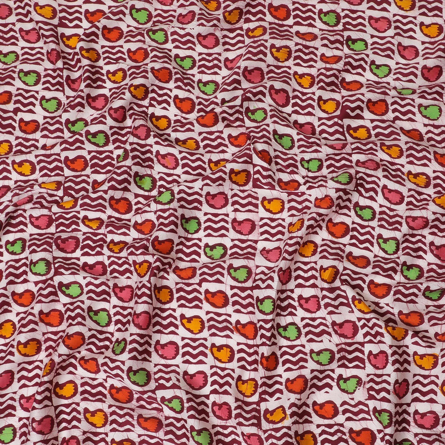 Maroon cotton lawn fabric with multicolor print in abstract design-D14264