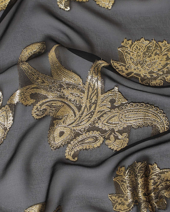 Black Premium pure French (Fransawi) silk chiffon fabric with gold metallic lurex in floral design-D14311
