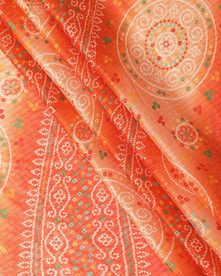 Dark Orange synthetic chiffon fabric with same tone embroidery stripe having multicolor print and sequins in geometric design-D9756