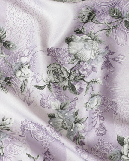 Off white synthetic crepe fabric with light lilac and turquoise green print having stone work in floral design-D15306 - Regal Fabrics
