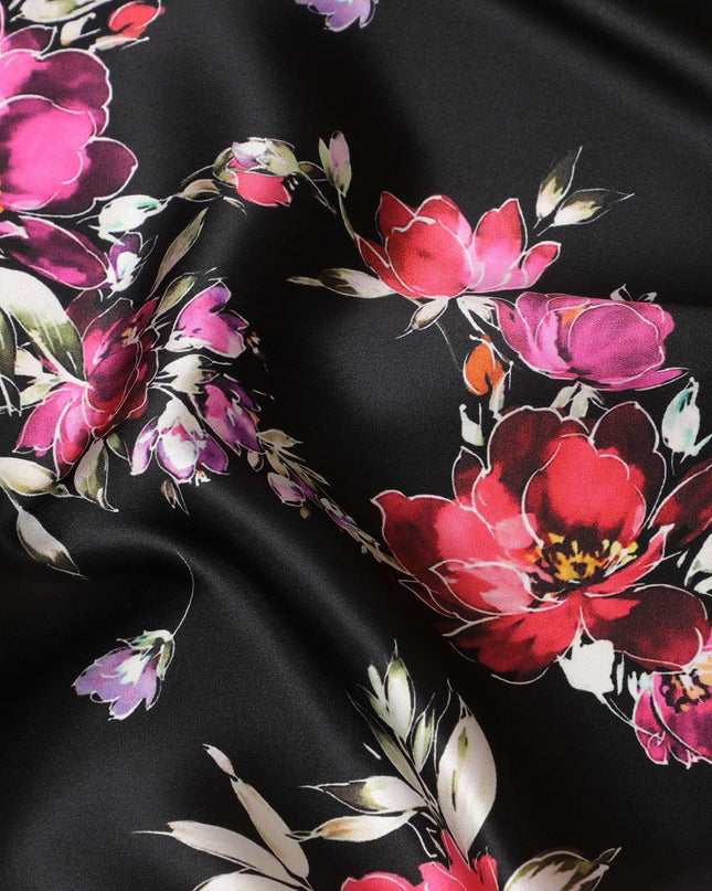 Black premium pure silk satin fabric with multicolor print in floral design-D14290