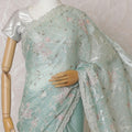 Light turquoise green Premium silk satin organza saree with sage green, beige, rose pink embroidery having gold bead work and sequin work in floral design-D15596