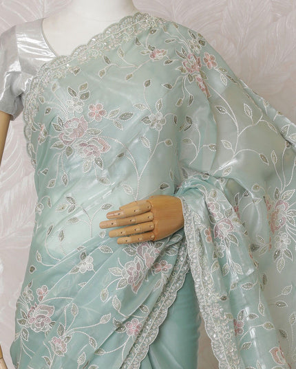 Light turquoise green Premium silk satin organza saree with sage green, beige, rose pink embroidery having gold bead work and sequin work in floral design-D15596