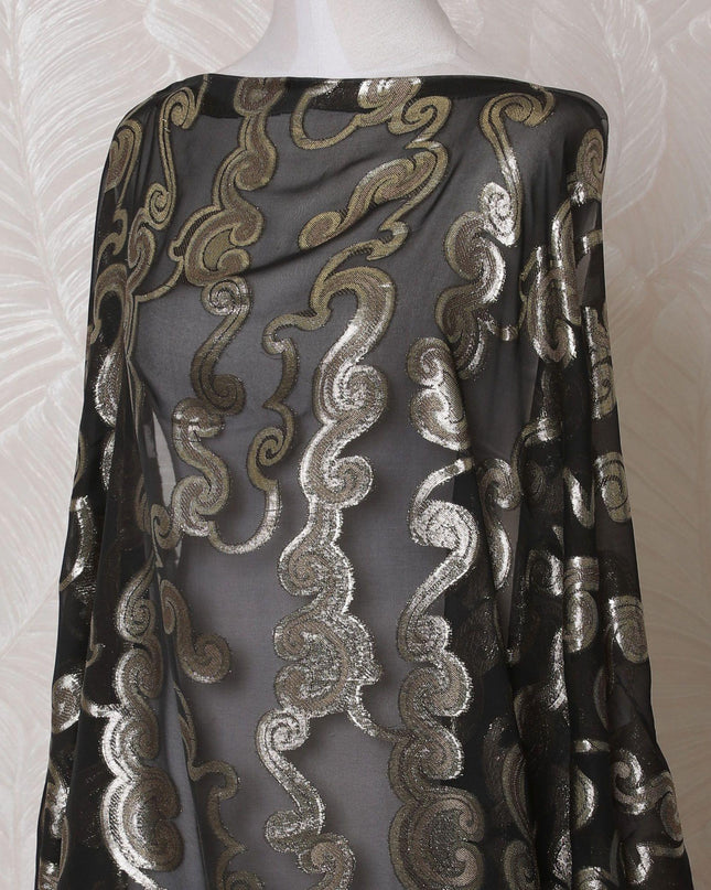 Black Premium pure French (Fransawi) silk chiffon dirac fabric with gold metallic lurex in floral design-D15624