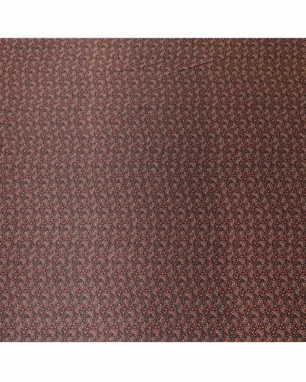 Black pure silk satin fabric with red and beige print in paisley design-D8213