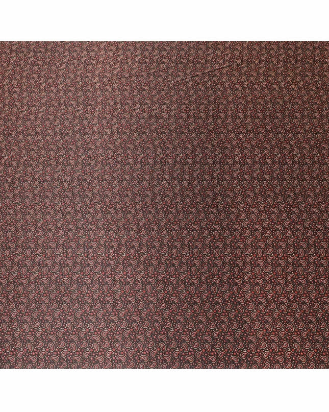 Black pure silk satin fabric with red and beige print in paisley design-D8213