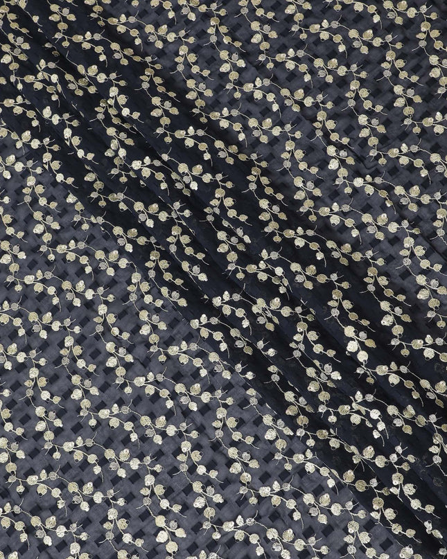 قماش الفوال القطني الخالص (الثوب السوداني) باللون الأزرق الداكن مع نفس مشبك الحبل مع تطريز أصفر وذهبي أشقر بتصميم الأزهار-D13824