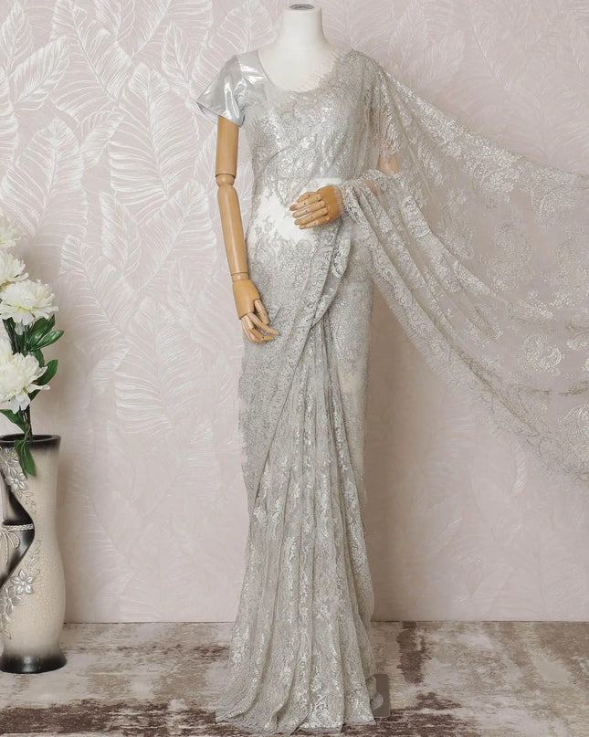 Pearl grey, multicolor Premium pure French metallic chantilly lace saree in floral design-D14551 Regal Fabrics
