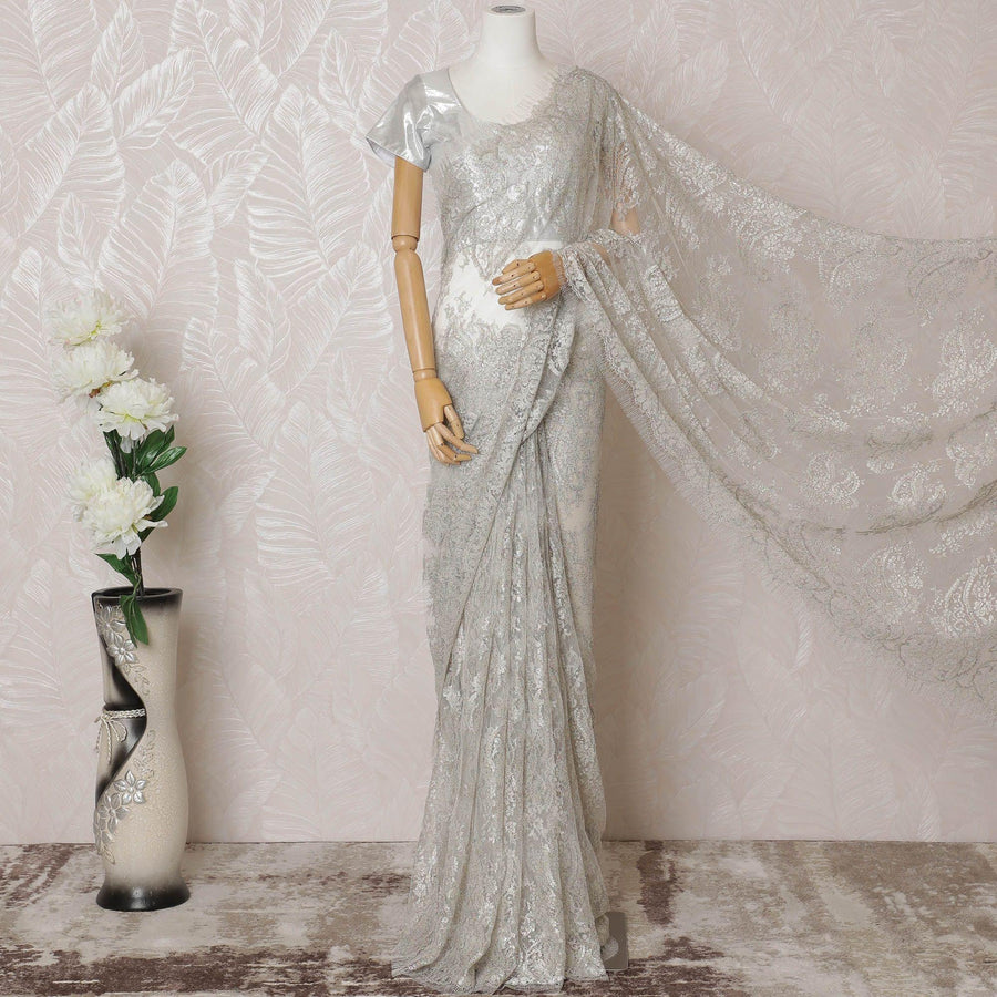 Pearl grey, multicolor Premium pure French metallic chantilly lace saree in floral design-D14551