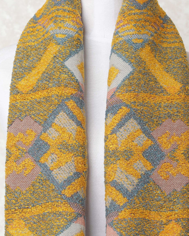 Mustard yellow, beige, copper brown poly wool scarf in abstract design-D10684 Regal Fabrics