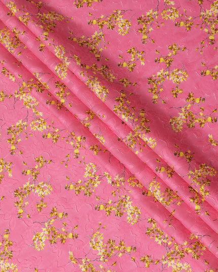 Hot pink uragiri cotton voile fabric with same tone jacquard having mustard yellow and black print in floral design-D14318