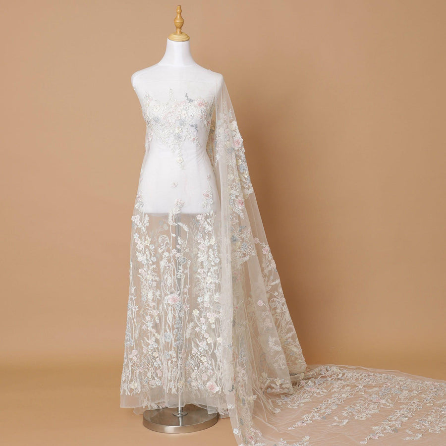 Off white Premium wedding nylon tulle fabric with powder blue, light pink embroidery, applique work, bead work , pearls and sequins in floral design-D7920