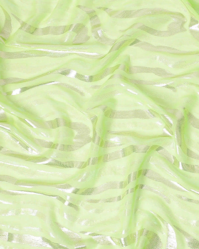 Neon green pure silk chiffon garbasaar with same tone, gold and silver  metallic lurex in abstract design-D9527 Regal Fabrics