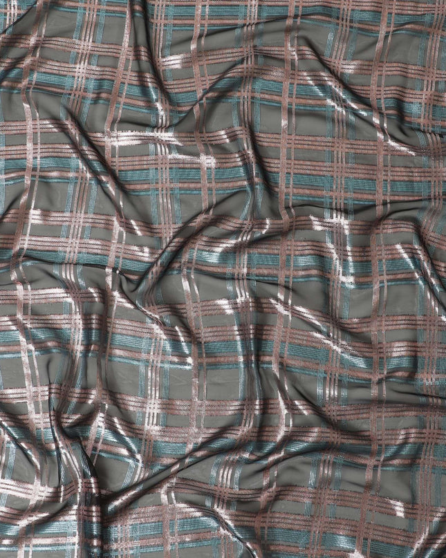 Black Premium pure French (Fransawi) silk chiffon garbasaar with copper and blue metallic lurex in checks design-D11558